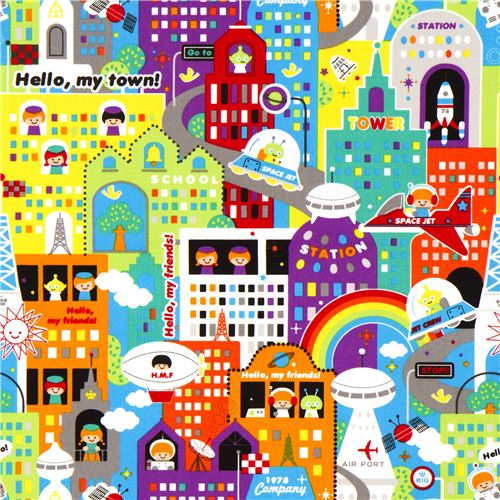 Kokka fabric for boys funny science fiction city 1