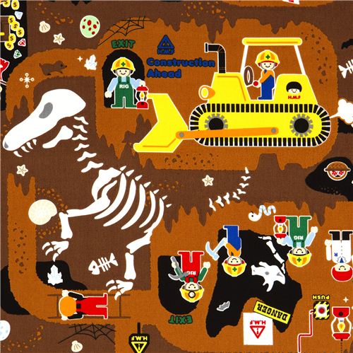 Kokka fabric for boys with mine worker dinosaur 1