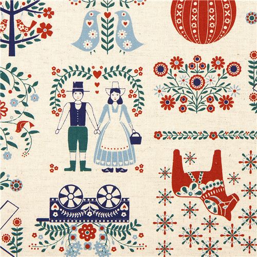 Kokka fabric with Holland design windmill bird flower 1