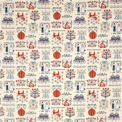 Kokka fabric with Holland design windmill bird flower 2