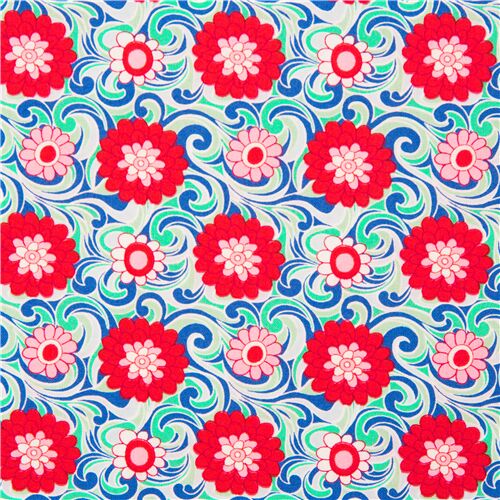 Tissu grandes fleurs roses et rouges, tourbillons bleus blancs Tissu