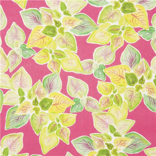 Tissu en coton rose avec des feuilles de jardin dans les tons verts Tissu