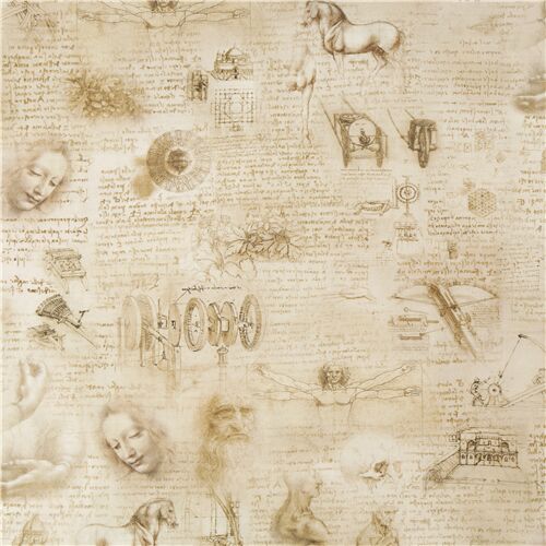 Stoffrest (50 x 112 cm) - Leonardo Da Vinci Zeichnung Schrift naturfarbener Stoff Robert Kaufman 2