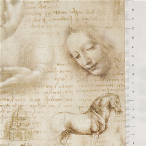 Stoffrest (50 x 112 cm) - Leonardo Da Vinci Zeichnung Schrift naturfarbener Stoff Robert Kaufman 3