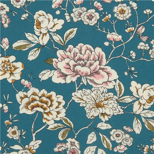 Tela azul verde de algodón Tana Lawn con flores vintage de Liberty Fabrics Tela