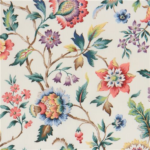 Liberty Fabrics Tana Lawn cotton light cream fabric with Jacobean flowers Fabric