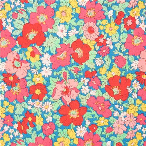 tessuto verdeazzurro Liberty Fabrics fiori rossi rosa cotone Tessuto