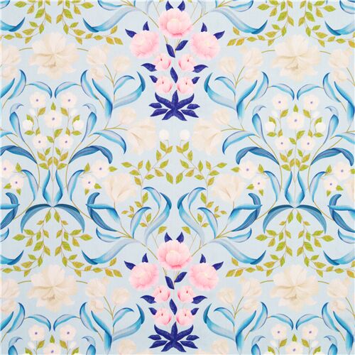 Hellblauer Stoff mit rosa weien Blumen Stoff