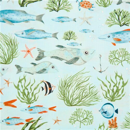 Tissu en coton bleu clair poissons multicolores peints, tortues, etc. Tissu