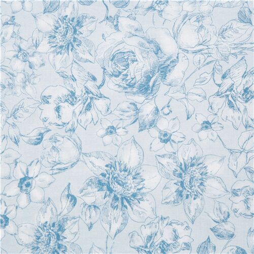 Blue Dense Romantic Florals Etchings Fabric