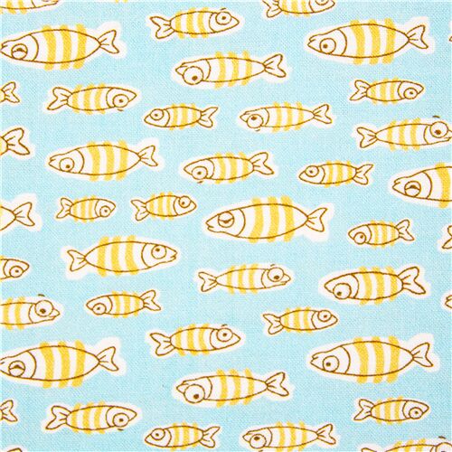 Hellblauer Stoff weißer Fisch mit gelben Streifen Baumwollstoff Stoff
