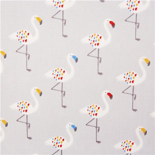 Tissu Oxford gris clair flamants blancs au bec et au plumage multicolores Tissu