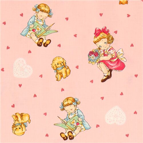 Tela rosa claro de Quilt Gate vintage niñas muñeca libro corazón Tela