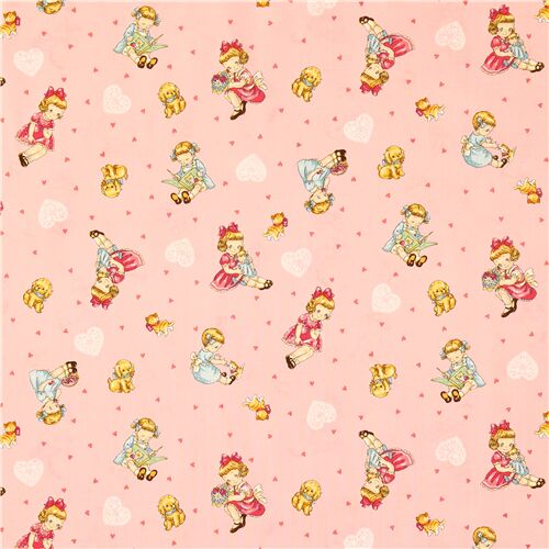 Remnant (50 x 110 cm) - Light pink fabric Quilt Gate vintage girls doll books hearts 2