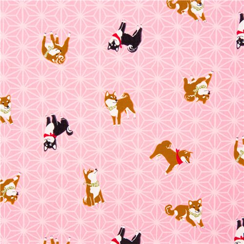 Tela oxford rosa claro motivo geométrico de hojas estrellas y perros shiba inu Tela