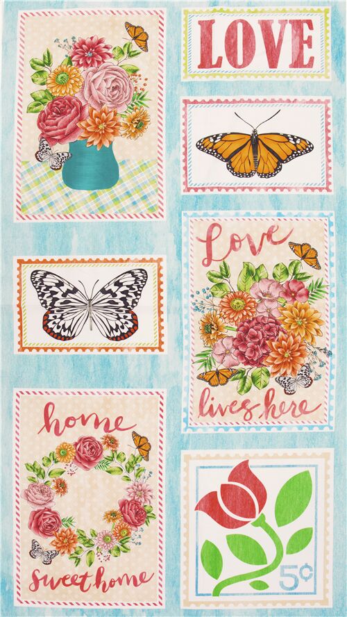 Tissu bleu  panneaux lettres LOVE fleurs papillons timbres amour Tissu