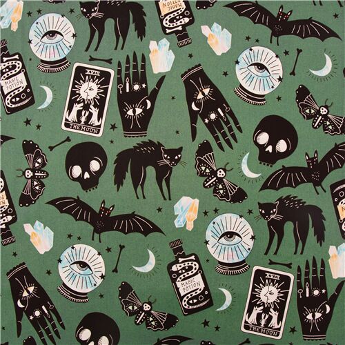 Resto de (50 x 112 cm) - Tela bola cristal m�gica Alexander Henry Halloween algod�n verde tarot mano 2