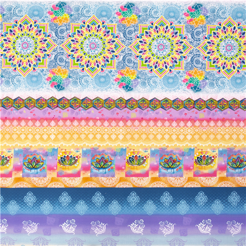 Tessuto mandala strisce colorate in cotone USA riflettente a tema meditazione Tessuto