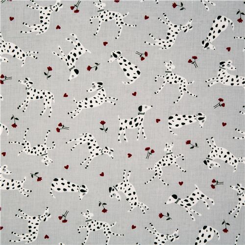 B/W Dalmatiner rote Blumen grauer Baumwollstoff Stoff