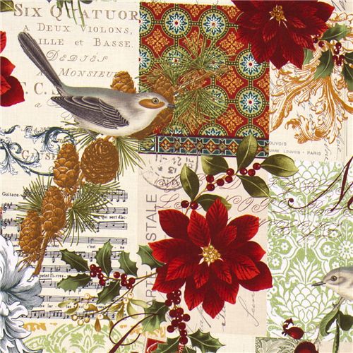 Michael Miller Christmas fabric poinsettia birds 1
