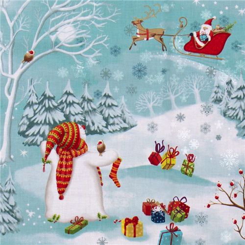 Michael Miller Weihnachtsstoff Schneemann Schlitten 1