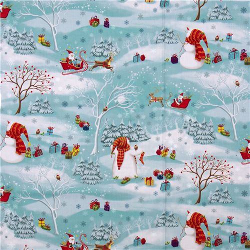 Michael Miller Weihnachtsstoff Schneemann Schlitten 2