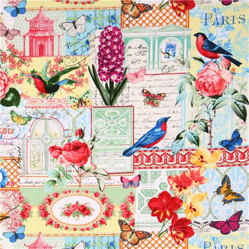 Tela de Michael Miller con flor mariposa pájaro Menagerie Collage Tela