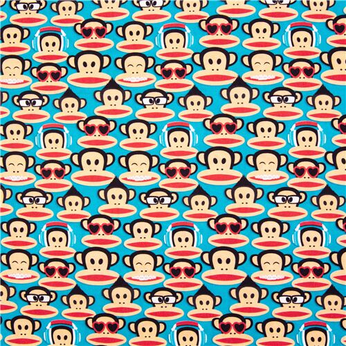 Remnant (48 x 112 cm) - Michael Miller Julius the Monkey dancing Paul Frank blue cotton fabric 2