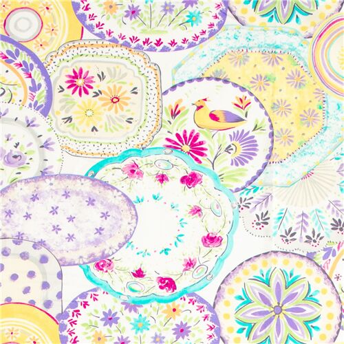 tessuto uccelli fiori stoviglie cotone Tessuto