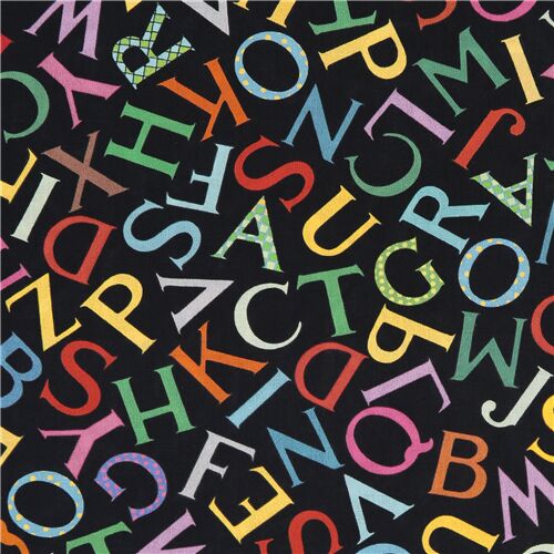 Tissu en coton Michael Miller noir avec les lettres de l'alphabet multicolores Tissu