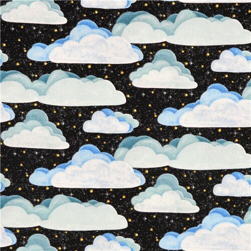 schwarzer Baumwollstoff weiße Wolken gelbe Sterne Stoff