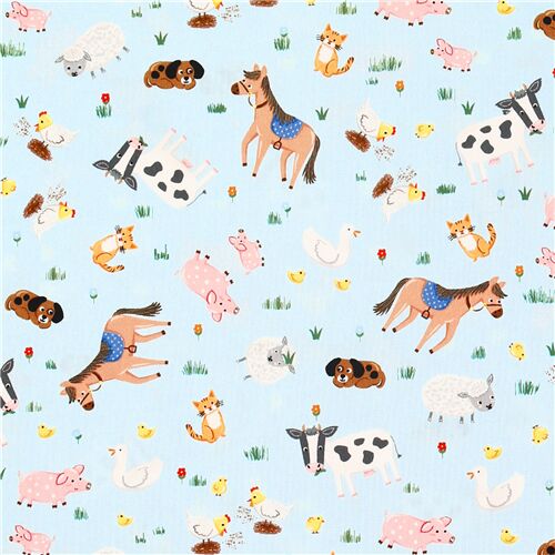 Chutes de tissu de (34 x 112 cm) - Tissu en coton Michael Miller bleu chevaux animaux grange ferme c 1