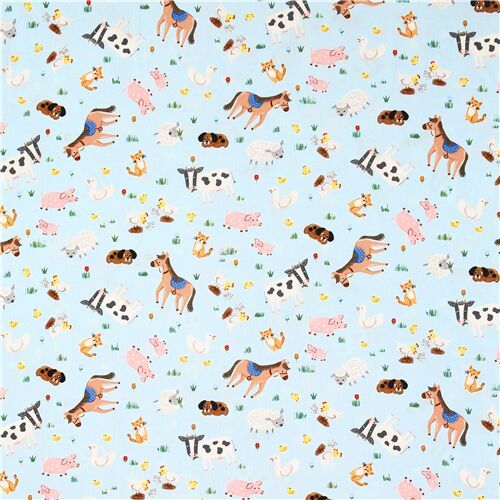 Chutes de tissu de (34 x 112 cm) - Tissu en coton Michael Miller bleu chevaux animaux grange ferme c 2