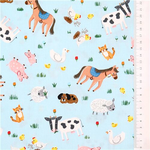 Chutes de tissu de (34 x 112 cm) - Tissu en coton Michael Miller bleu chevaux animaux grange ferme c 3