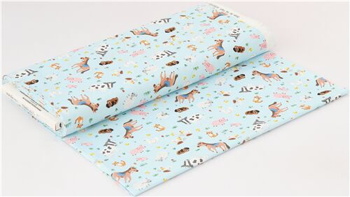 Chutes de tissu de (34 x 112 cm) - Tissu en coton Michael Miller bleu chevaux animaux grange ferme c 4