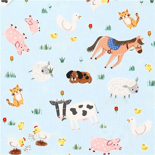 Chutes de tissu de (34 x 112 cm) - Tissu en coton Michael Miller bleu chevaux animaux grange ferme c