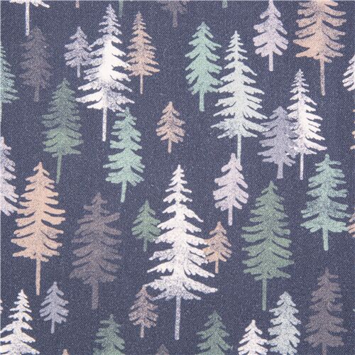 Tissu coton bleu arbres forêts de pins aux couleurs pâles Tissu