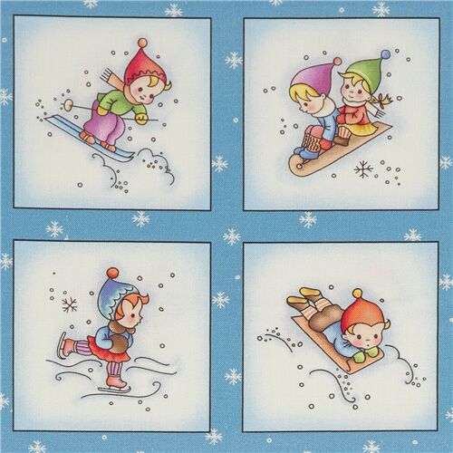 Tissu en coton bleu avec des enfants rigolos  la neige en hiver Tissu
