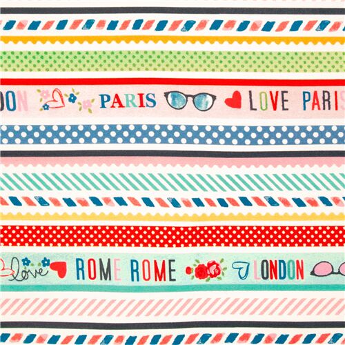 Tissu en coton rayures multicolores destinations Paris, Londres Tissu