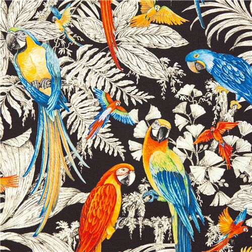 Tissu noir perroquets feuille palmiers tropicaux orchidées fleurs Tissu