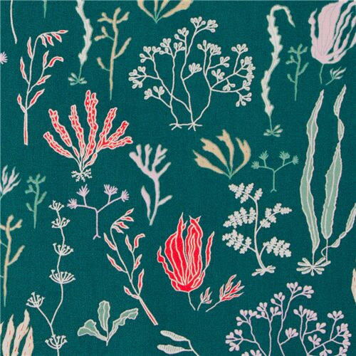 Tissu en coton vert sarcelle avec des plantes multicolores Tissu