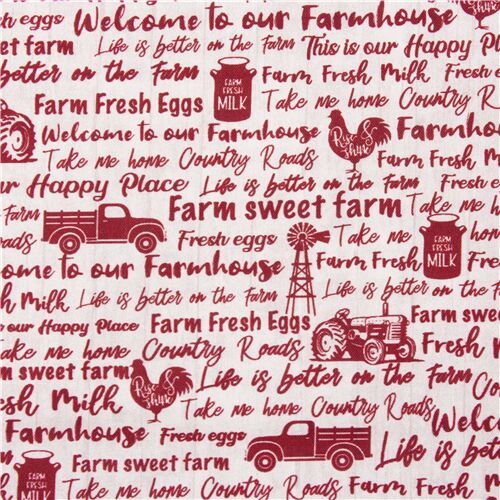 tela crema con texto rojo sobre vida en la granja leche tractor Tela