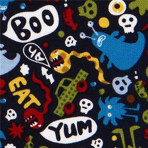 Michael Miller Stoff Don't eat me Totenköpfe Monster 1