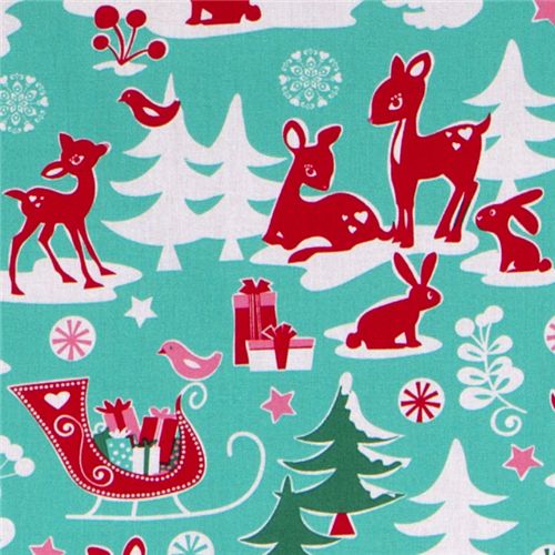 Michael Miller fabric aqua Yule Critters deer Christmas 1