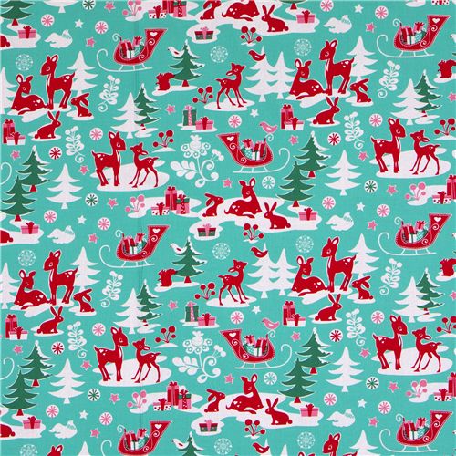 Michael Miller fabric aqua Yule Critters deer Christmas 2