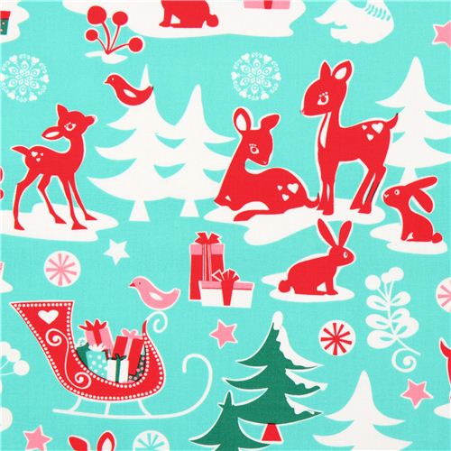 Tela de Michael Miller turquesa conYule Critters, ciervos Tela
