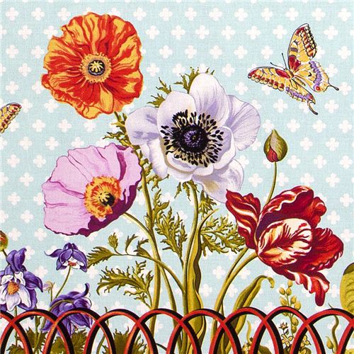 Michael Miller fabric flower butterfly garden fence Fabric