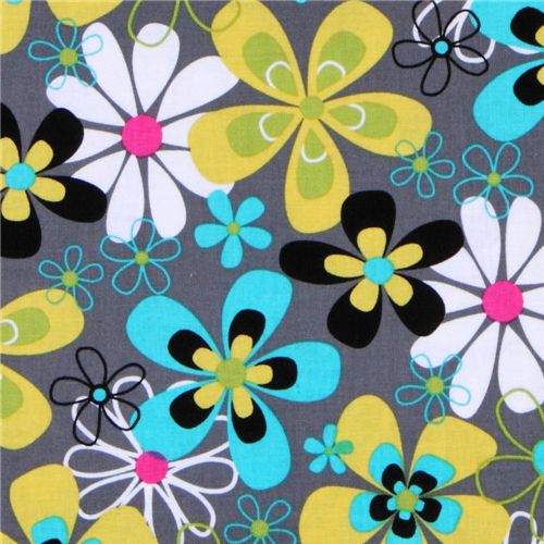 Michael Miller gray fabric Far Out Floral flowers 1