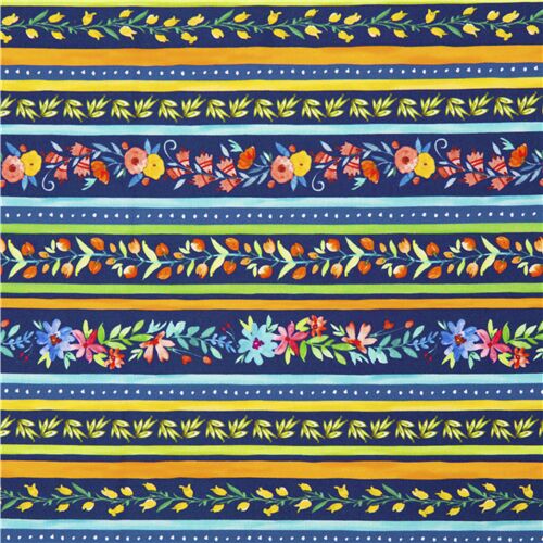 Tissu en coton bleu à rayures fleuries multicolores Tissu