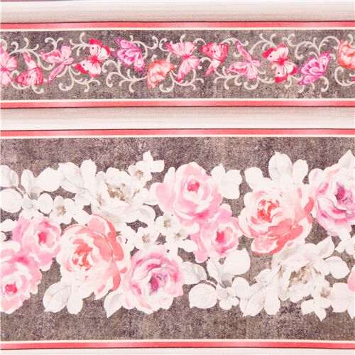 tela algodn rayas gris con flores rosas y mariposas Tela